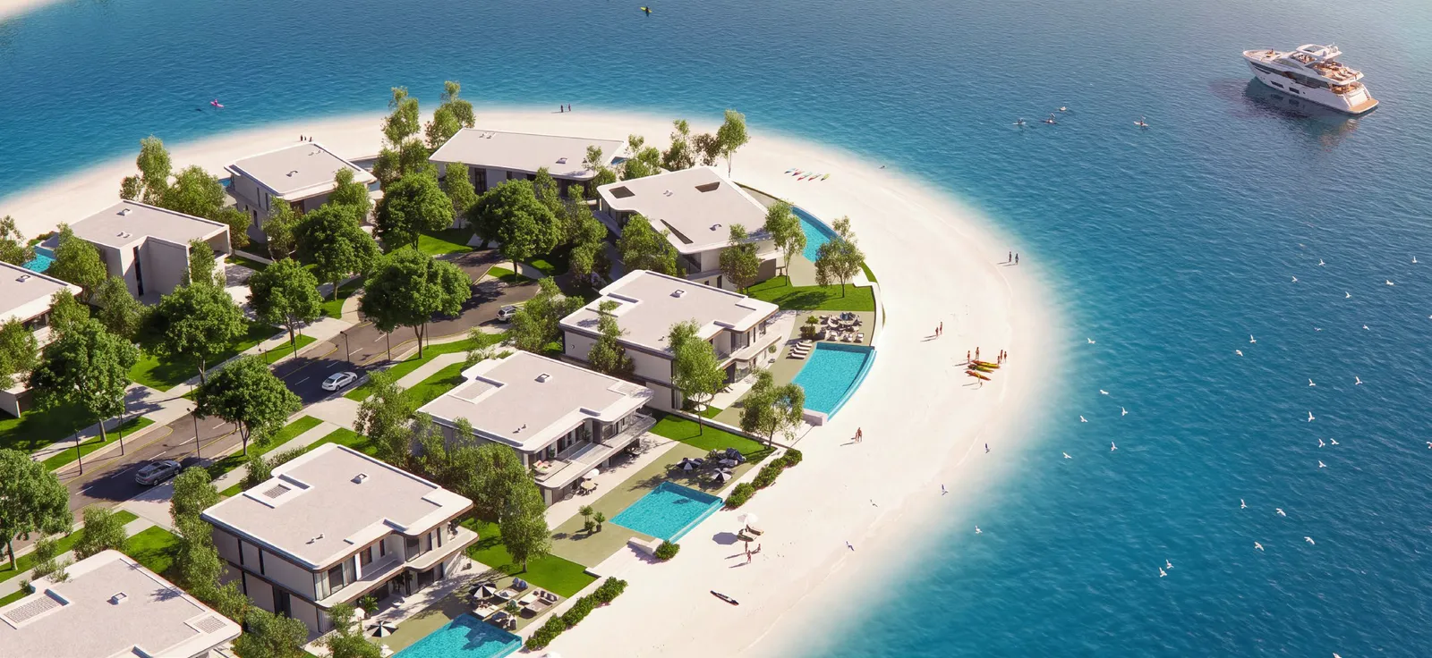 A villa community on Ramhan Island with its beach, from the air, developer render