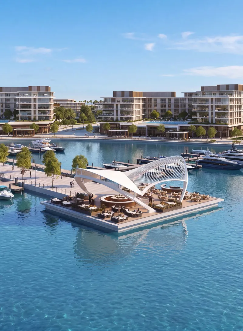Ramhan Marina pavilion and berths, with waterfront residences behind, developer render