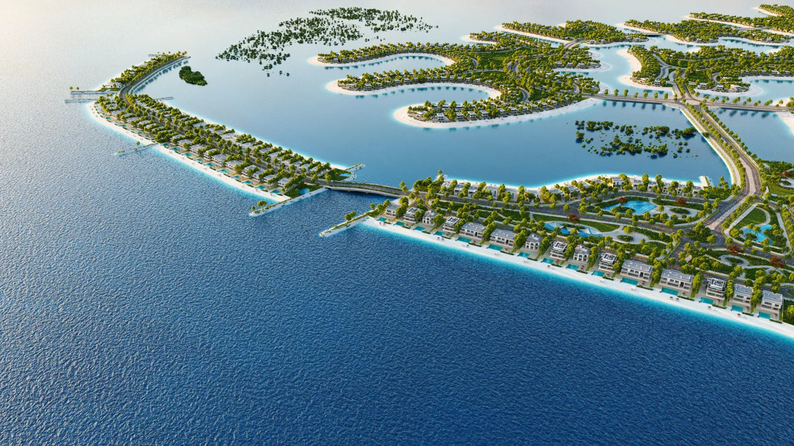 Curving Ramhan islets around a lagoon, from the air, developer render