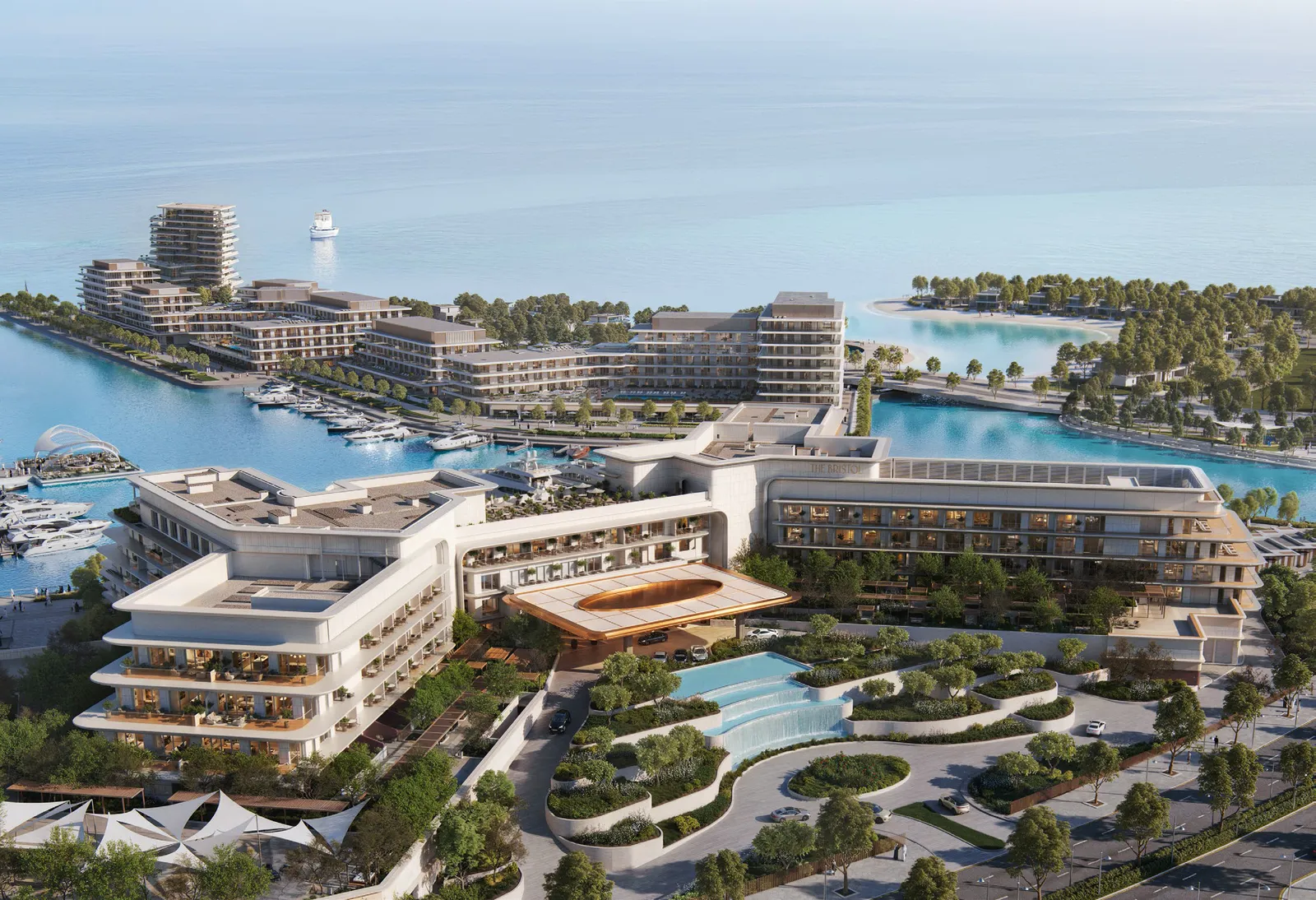 The pool garden at The Bristol from the air, with Ramhan Marina beyond, developer render