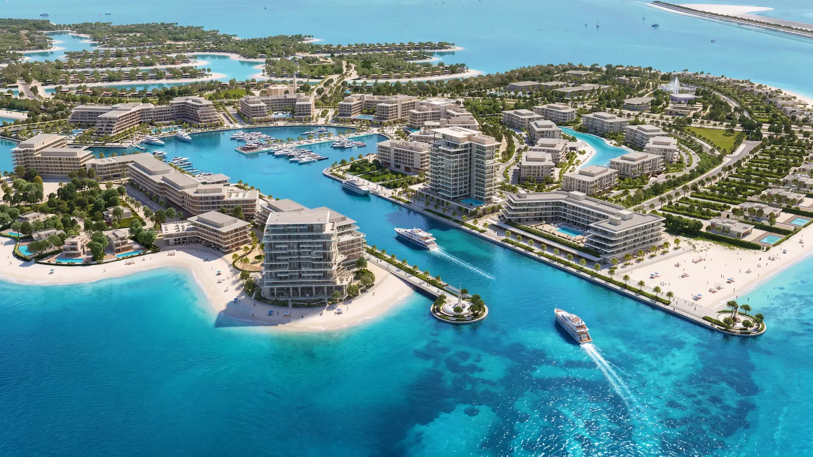 Ramhan Island's marina quarter from the air by day, with the beach and the channel, developer render