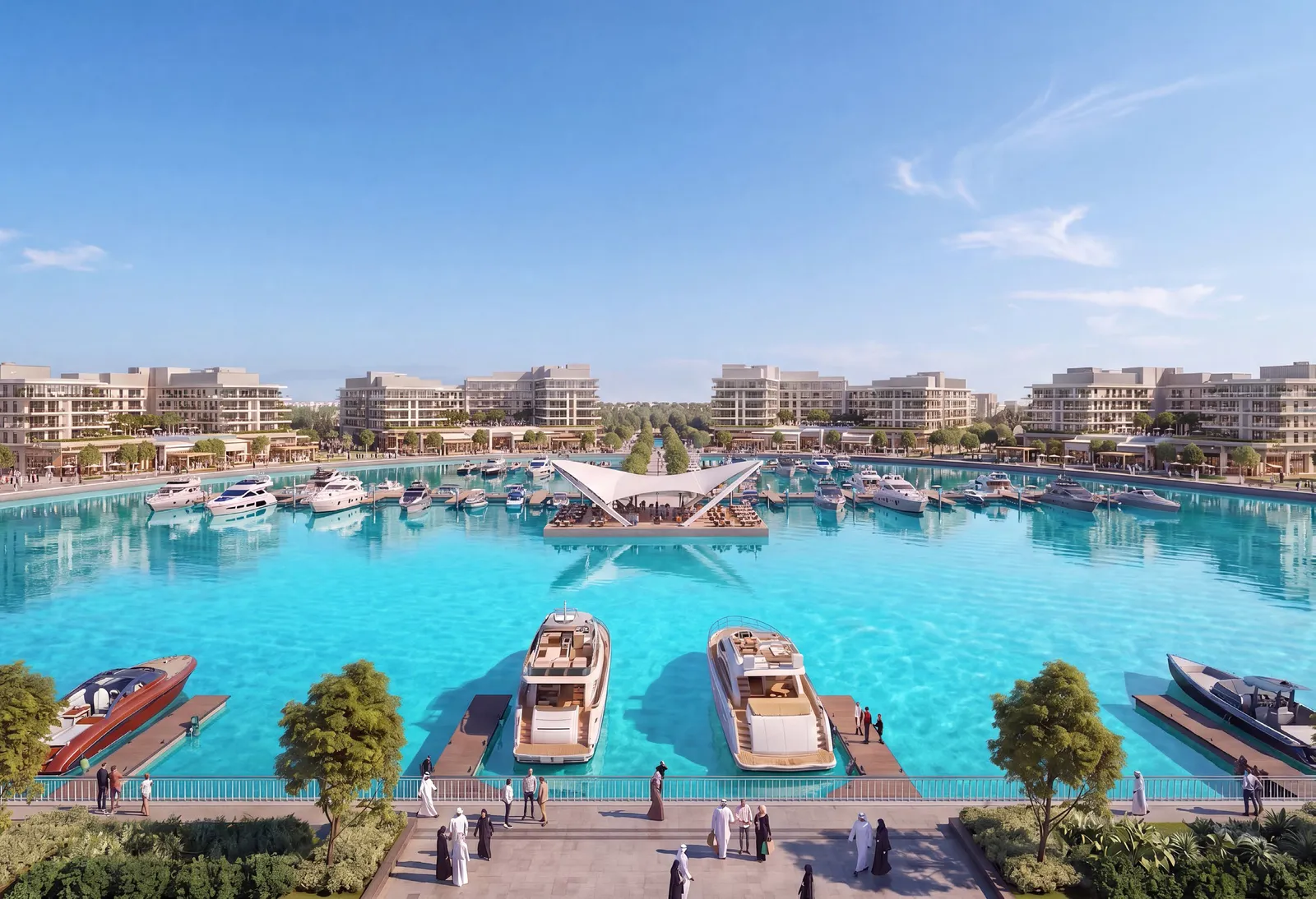 Ramhan Marina basin with yachts at the berths and waterfront residences, developer render
