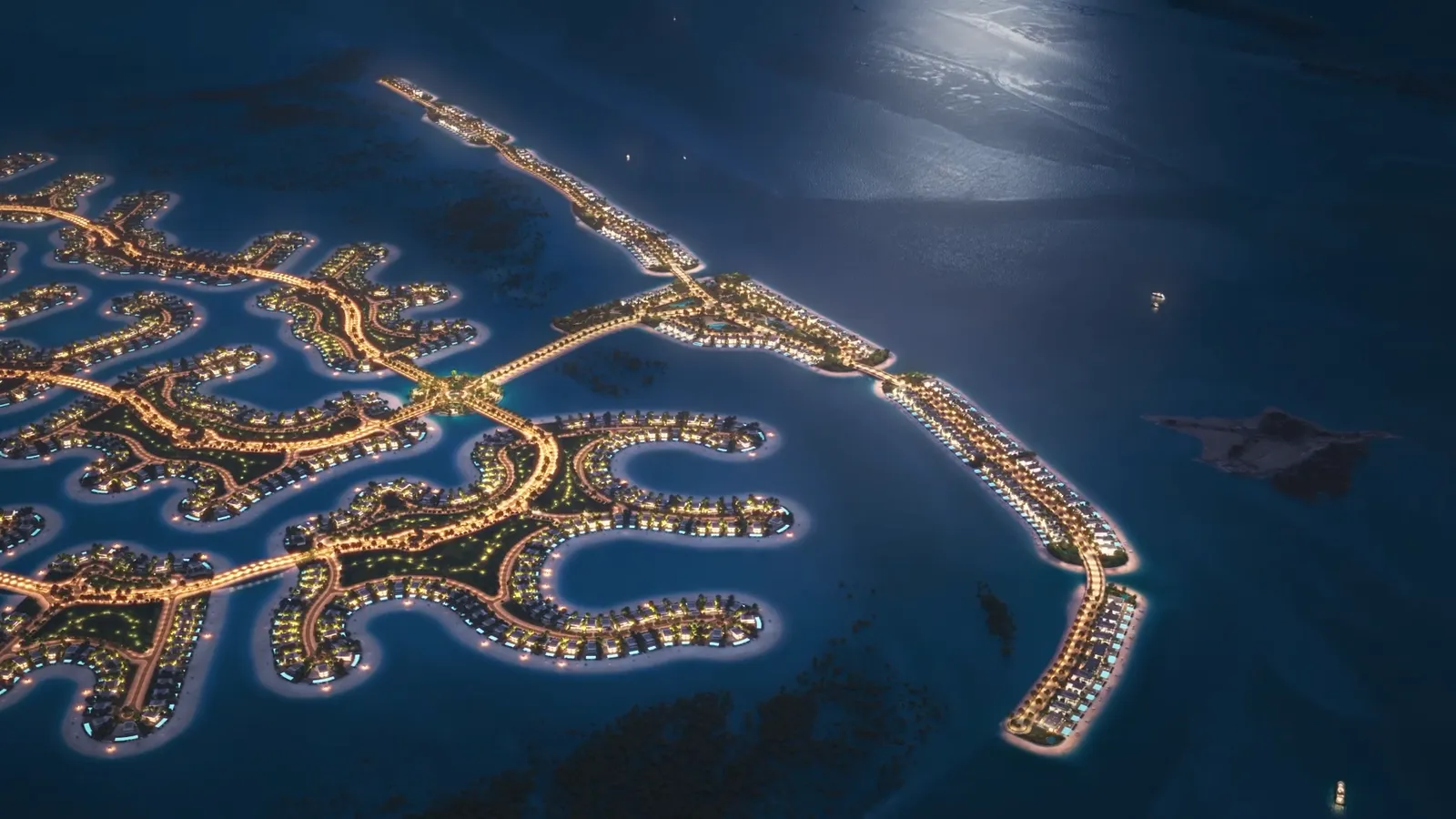 Ramhan Island's communities lit at night, from the air, frame from Eagle Hills' Ramhan Island film