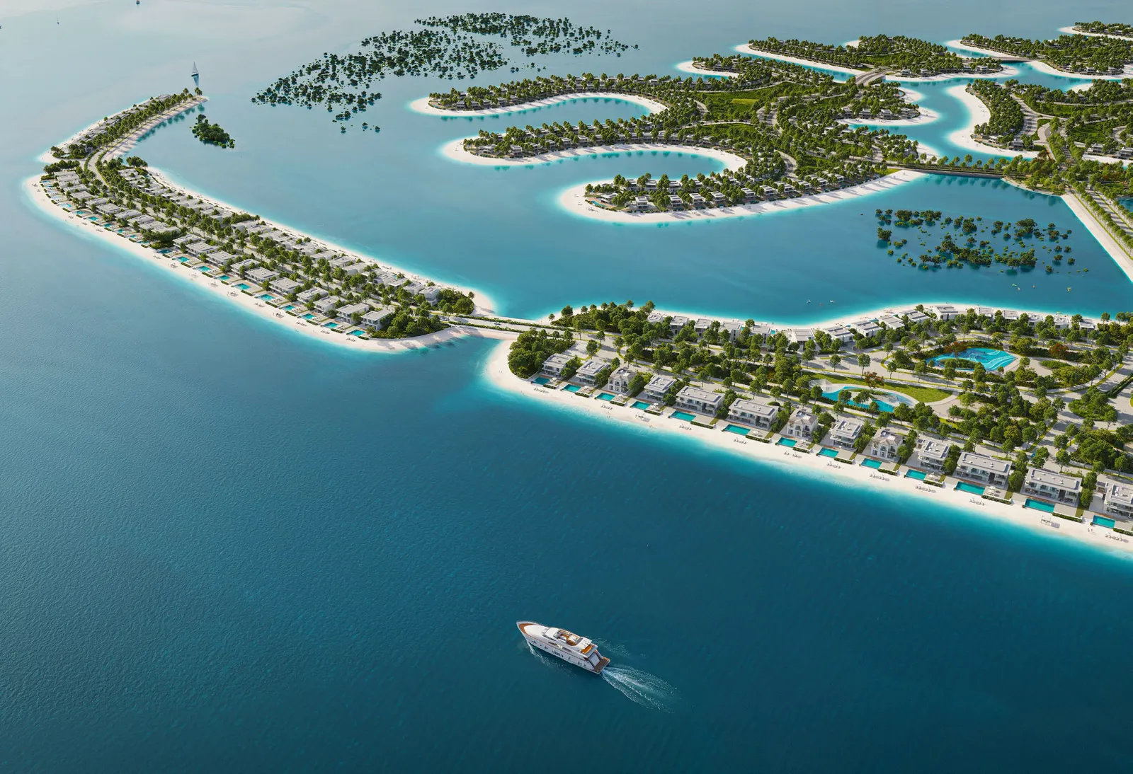 A ribbon of Ramhan Island communities with beaches, from the air, developer render