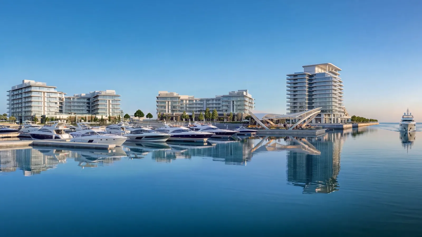 Ramhan Marina by day, with yachts at the berths and the marina pavilion, frame from Eagle Hills' Ramhan Marina film