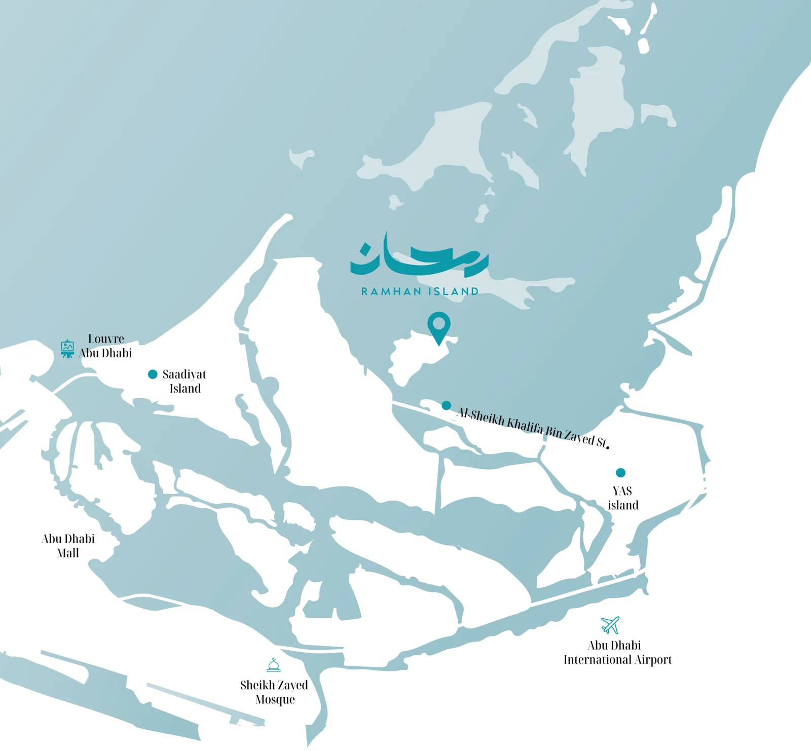 Eagle Hills' location map of Ramhan Island off the Abu Dhabi coast, with the neighbouring islands, the Louvre Abu Dhabi, Sheikh Zayed Grand Mosque and Abu Dhabi International Airport