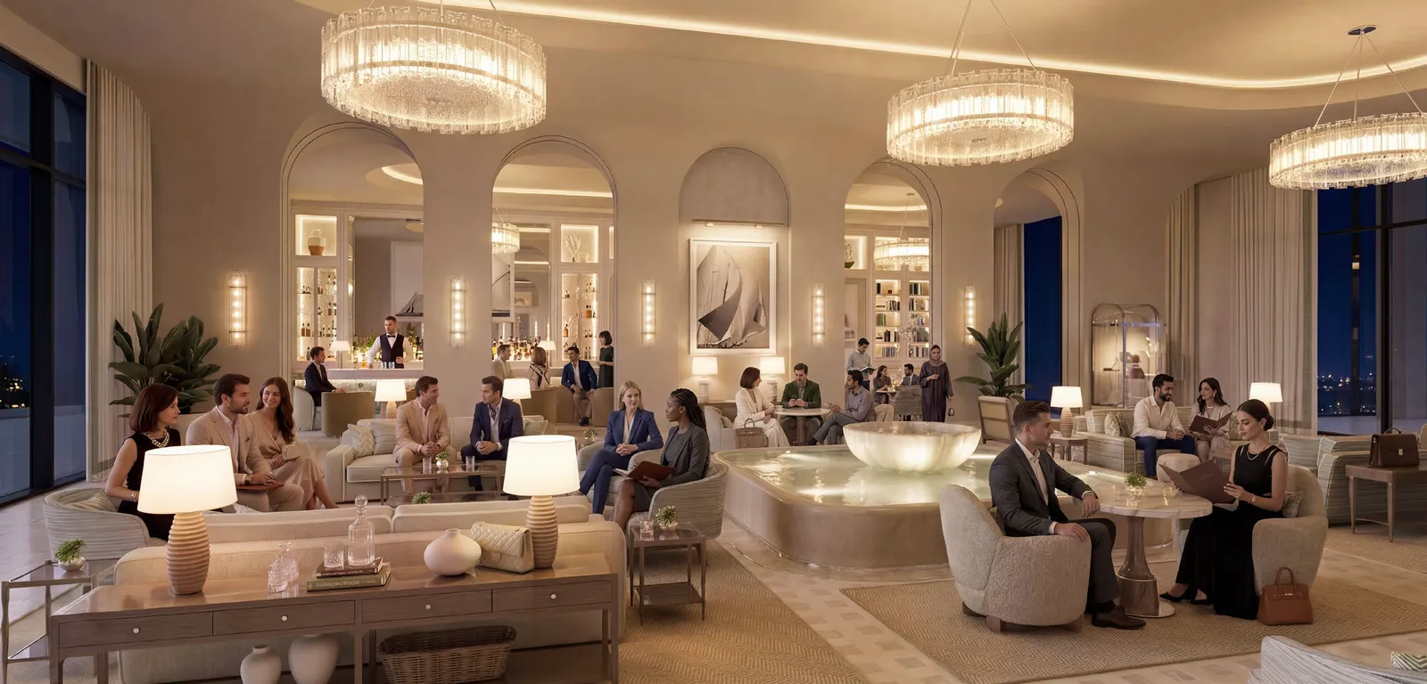 Lobby lounge of The Bristol under its chandeliers, developer render